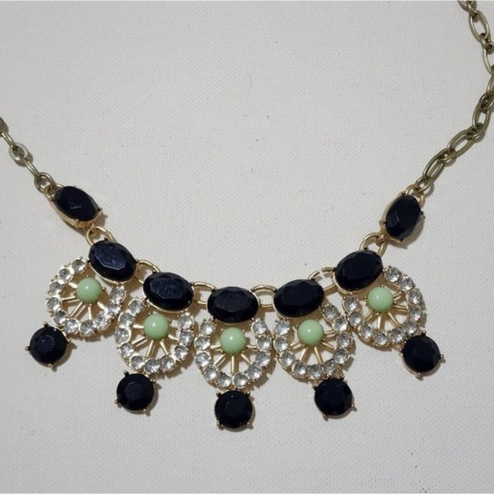 J. Crew Black Mint Green Crystal Gold Tone Bib Statement Art Deco Necklace